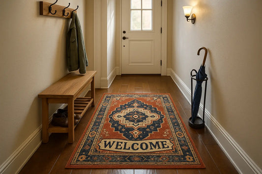 Entryway decorated with a patterned 2x4 rug by the front door