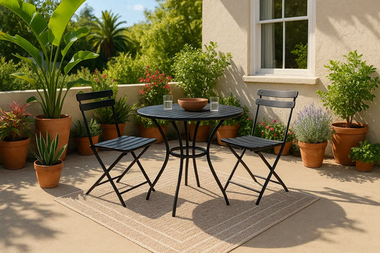 Outdoor patio setup with chairs on a durable 4x6 outdoor rug