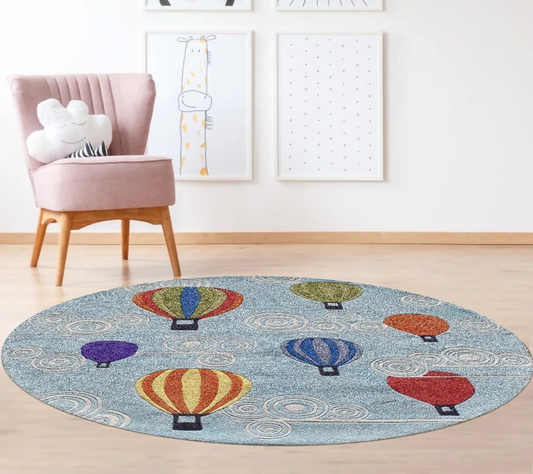 Person measuring the diameter of a round area rug in a modern living room to ensure a perfect fit under furniture