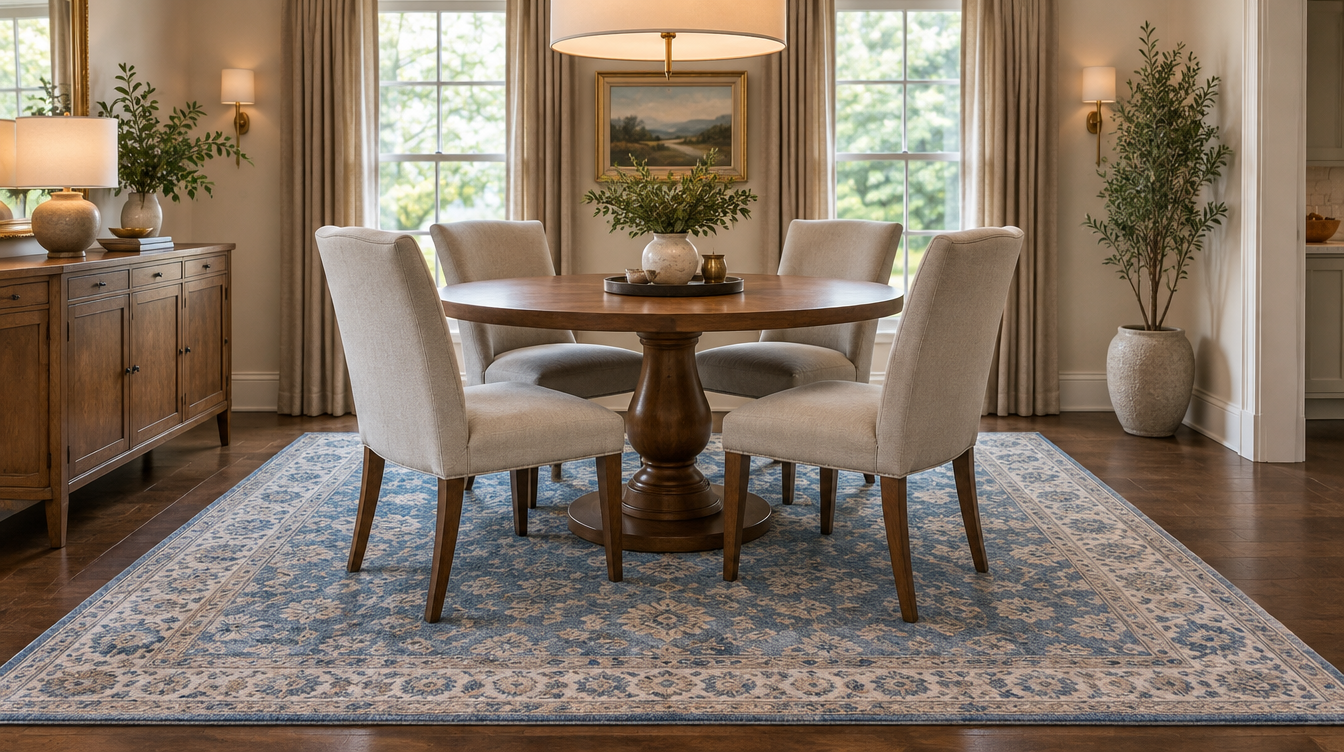 Blue and ivory square 9x9 rug under a 48-inch round dining table with four chairs