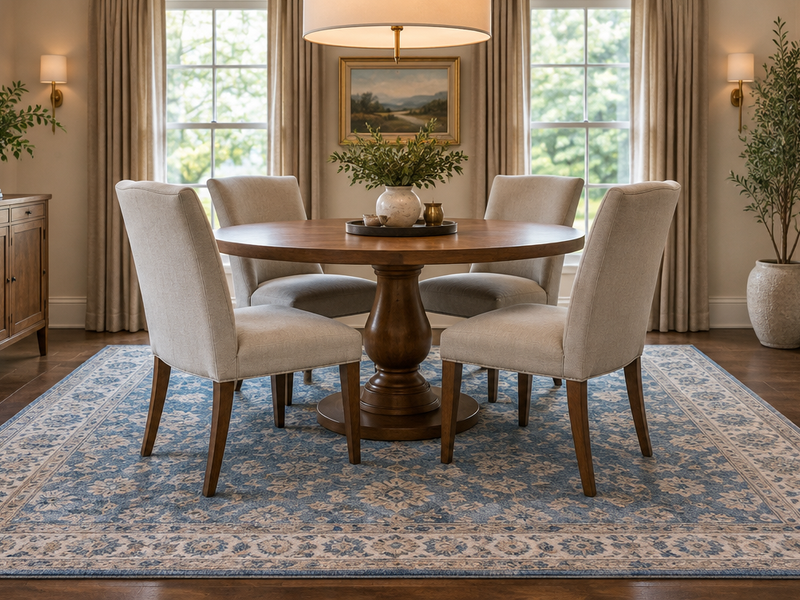 Blue and ivory square 9x9 rug under a 48-inch round dining table with four chairs