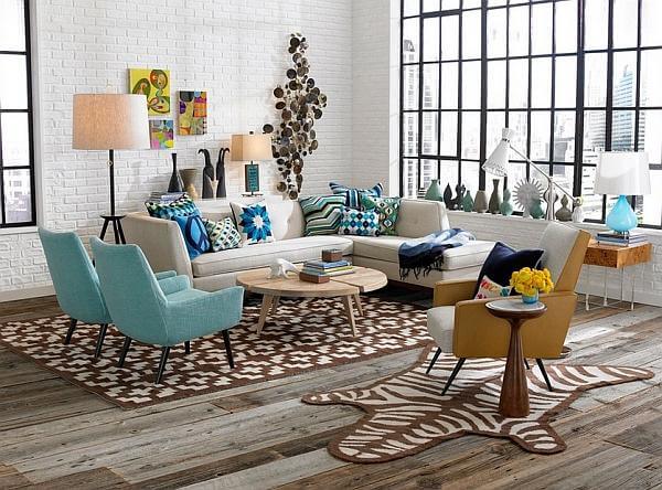 Modern abstract rug with neutral tones in stylish living room