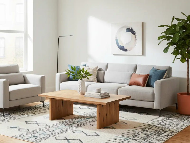Modern living room with a sofa and coffee table on a 5x8 area rug