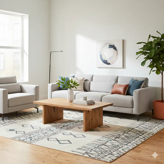 Modern living room with a sofa and coffee table on a 5x8 area rug