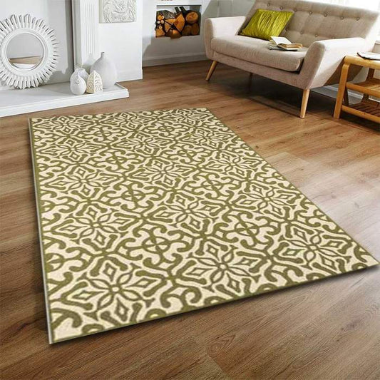Contemporary rug with abstract geometric design styled under a modern sofa in a bright, open-concept living room