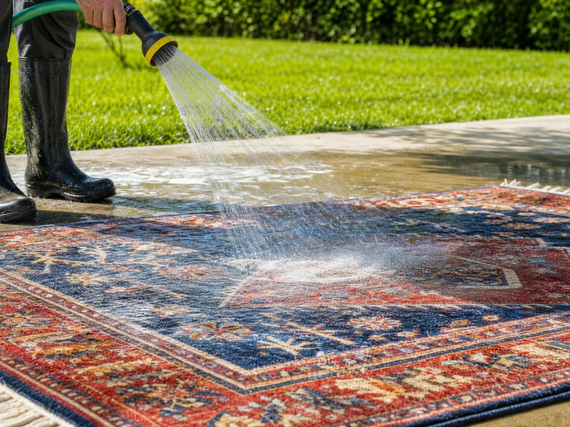 How to machine wash an area rug - rinsing a patterned rug outdoors with a garden hose