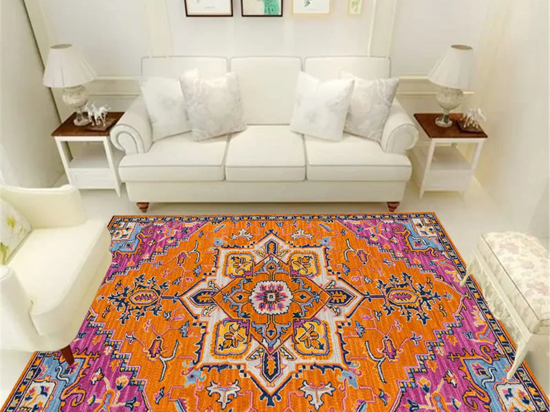 8x10 living room rug styled under a sectional sofa, anchoring the space with color, comfort, and modern design