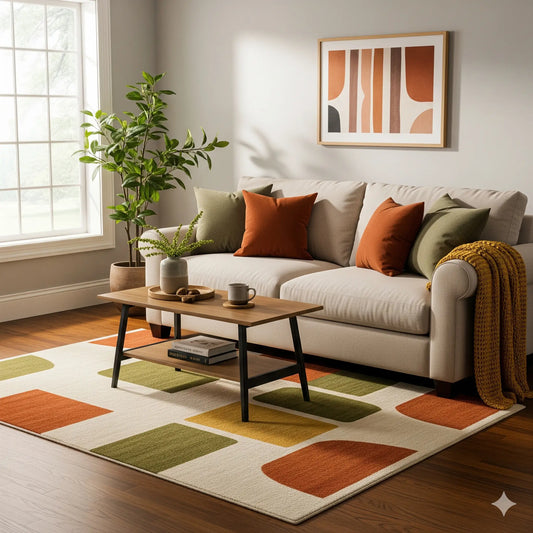 Living room with a 5x7 area rug under a coffee table and sofa