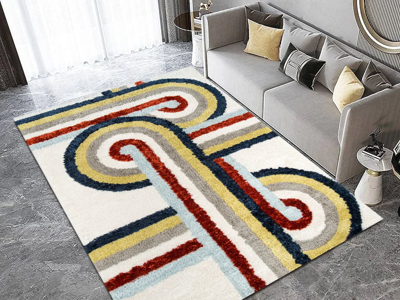 Abstract runner rug in modern hallway