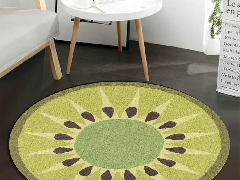 Modern living room featuring a round rug under a coffee table with stylish furniture and natural lighting