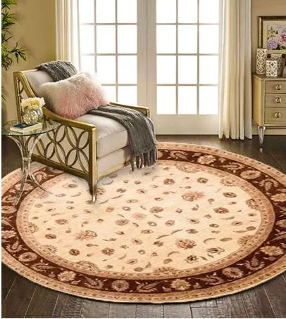 Stylish round area rug in a modern living room with natural lighting and minimalist furniture