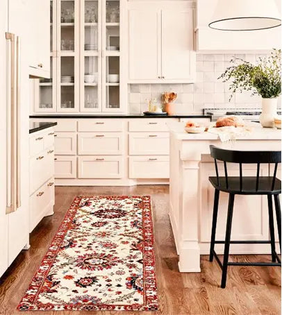 Washable runner rug placed in a modern hallway with hardwood floors, adding texture and protection in a high-traffic area