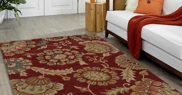 Traditional area rug with a medallion pattern styled in a cozy 2025 living room with vintage furniture and neutral tones