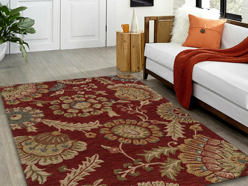 Traditional area rug with a medallion pattern styled in a cozy 2025 living room with vintage furniture and neutral tones
