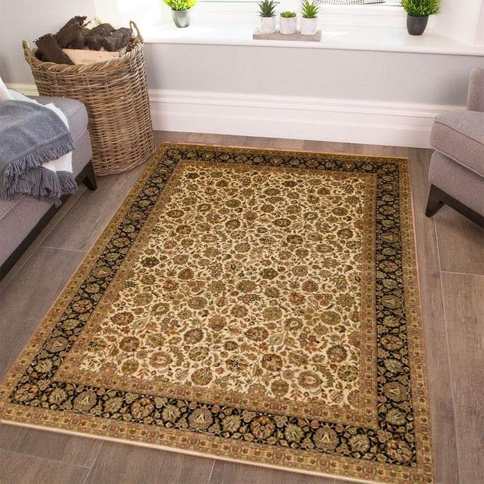 Elegant vintage Persian rug with intricate traditional patterns displayed in a classic, warmly lit living room