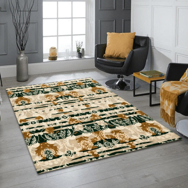 Modern living room featuring an abstract shaped wool rug with vibrant colors, adding bold personality to the space
