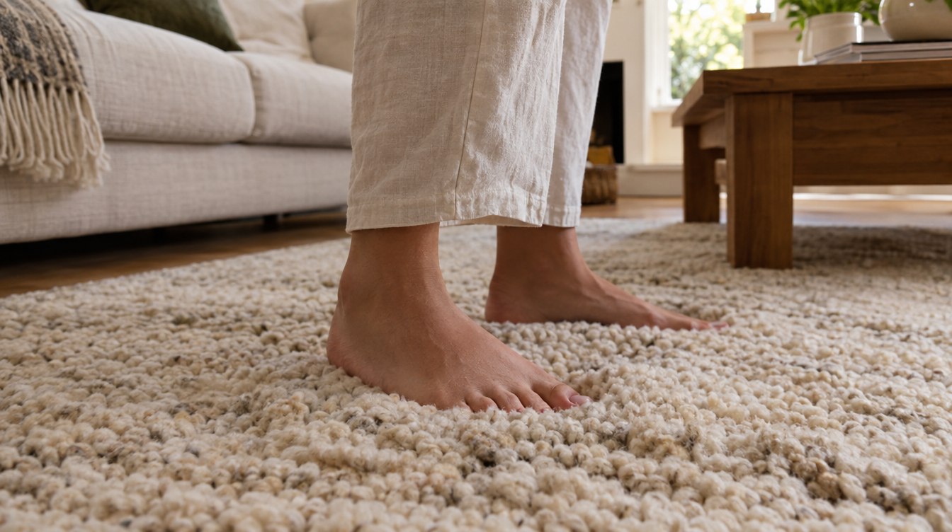 Bare feet sinking into a thick cream hand-knotted wool rug in a cozy living room