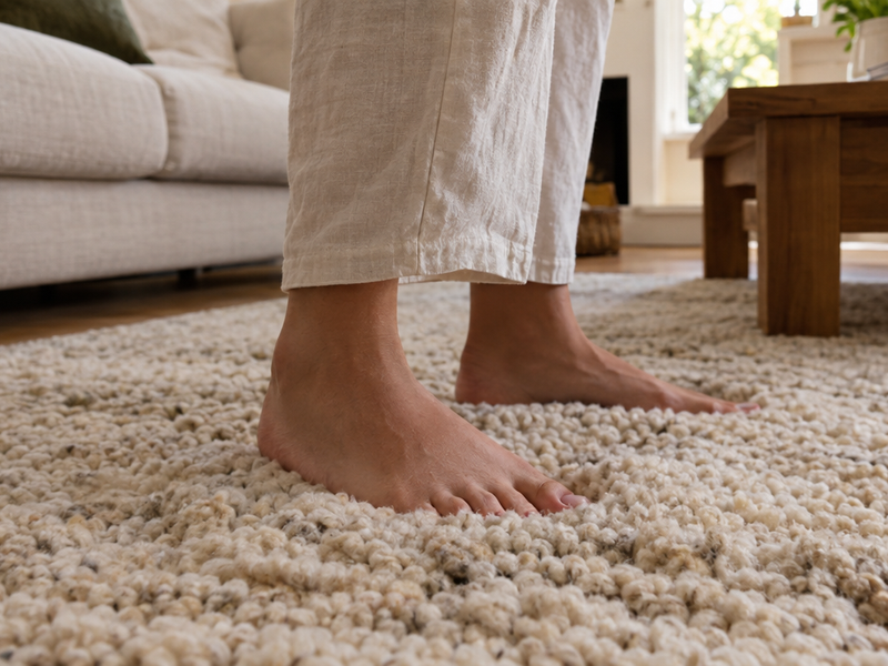 Bare feet sinking into a thick cream hand-knotted wool rug in a cozy living room