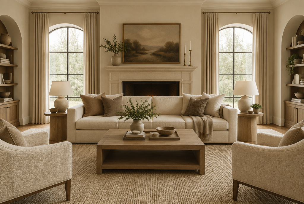 Beige couch layered over a textured neutral area rug in a tone-on-tone living room