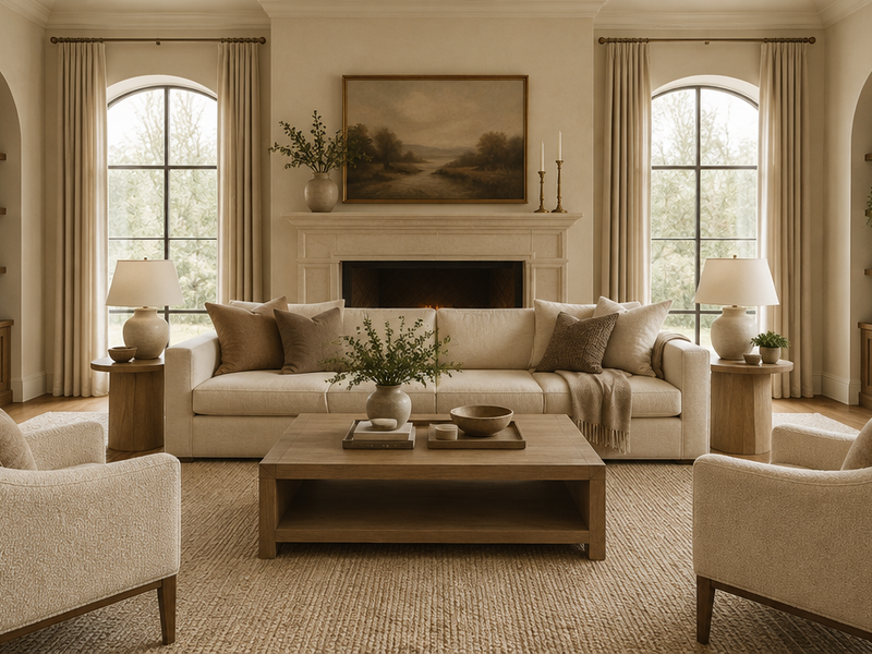 Beige couch layered over a textured neutral area rug in a tone-on-tone living room