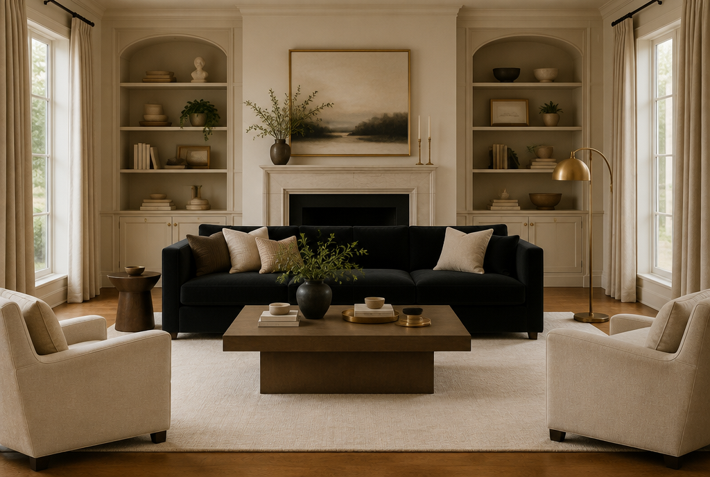 Black couch living room with light ivory area rug showing high contrast pairing