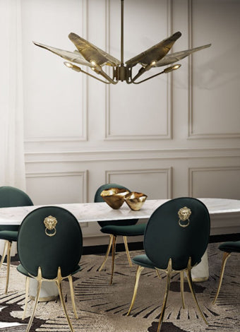 Modern dining room with an 8x10 area rug under a rectangular table and six chairs.