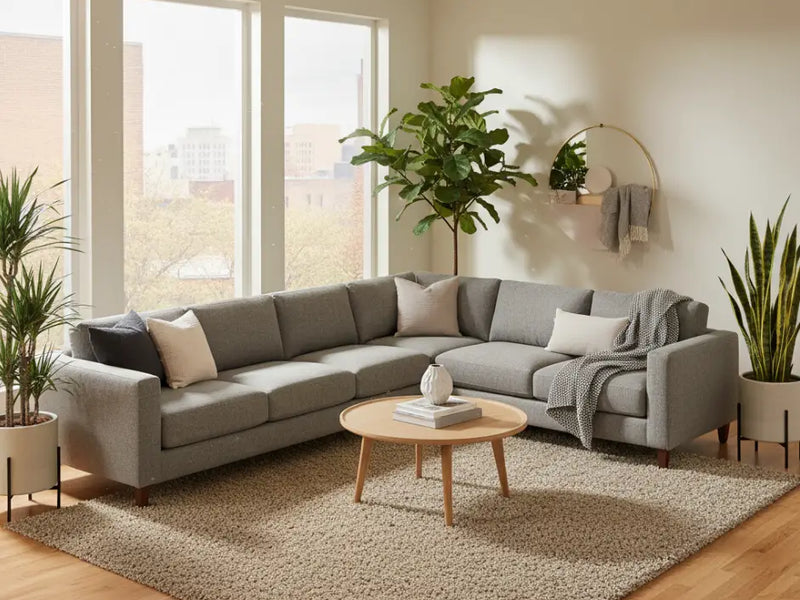 Stylish living room featuring an 8x10 rug under a sofa and coffee table, illustrating 2025 rug size, style, and smart buying tips.