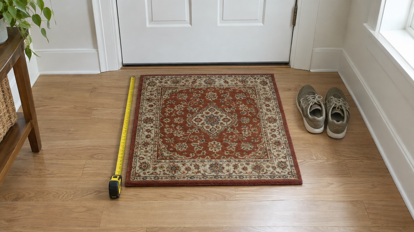 2x3 rust and ivory traditional rug inside a front door with a tape measure along its 36-inch side
