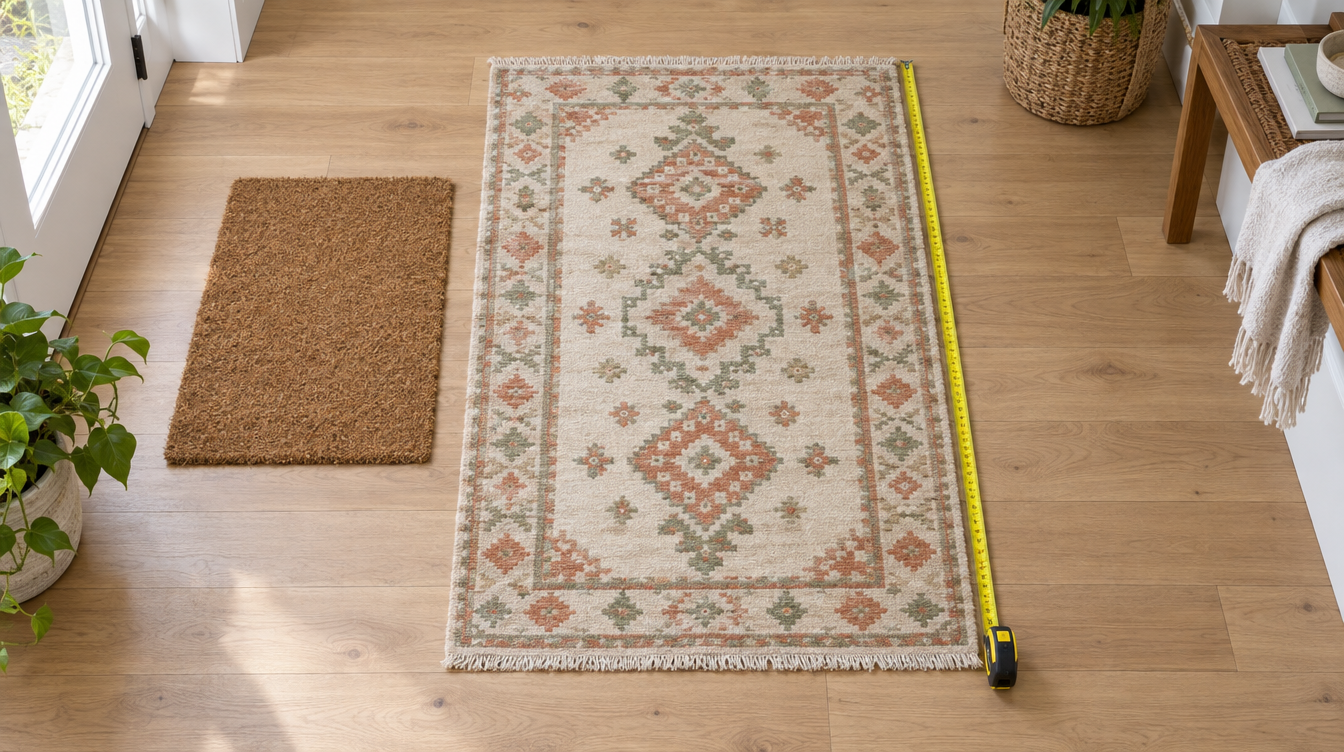 A 3x5 ivory wool rug with a terracotta and sage pattern on oak floor beside a 2x3 coir doormat and a tape measure showing its 36 by 60 inch size