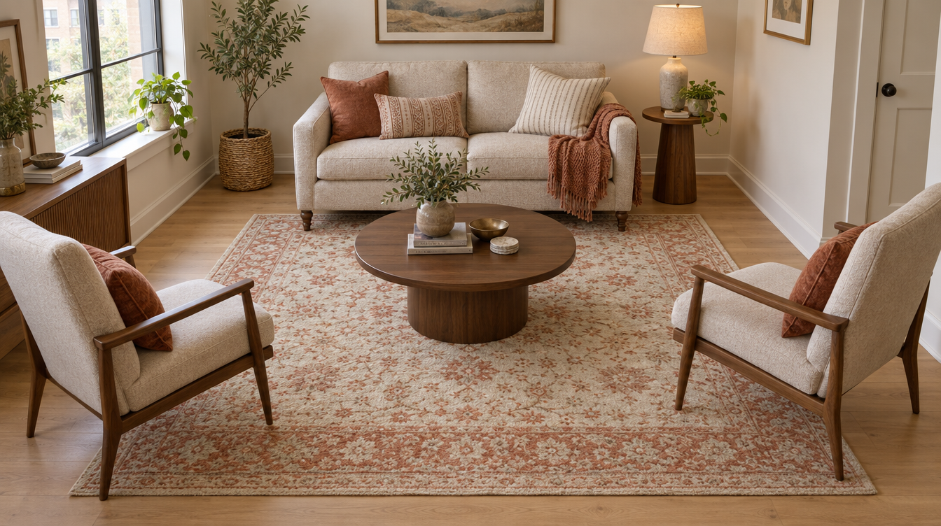 Cream and terracotta 6x9 wool rug under a loveseat and two chairs in a small 10x12 living room