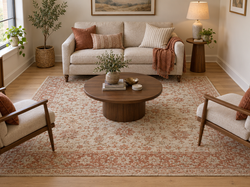 Cream and terracotta 6x9 wool rug under a loveseat and two chairs in a small 10x12 living room