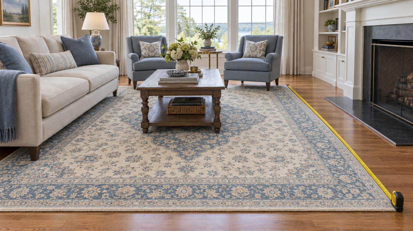 9x12 ivory and blue medallion wool rug in a living room with a tape measure along its 12-foot edge and the sofa's front legs on the rug