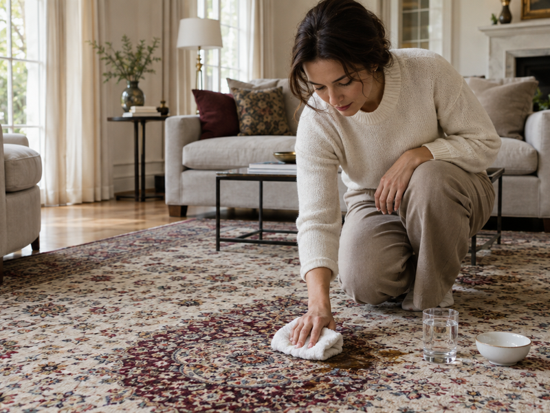 Person blotting a small coffee spill on an ivory and burgundy hand-knotted Persian medallion rug with a white cloth