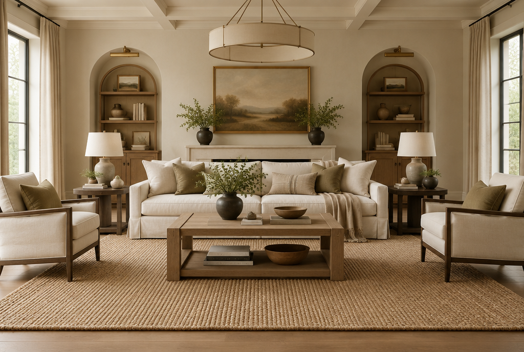 Natural sisal area rug in a warm neutral living room