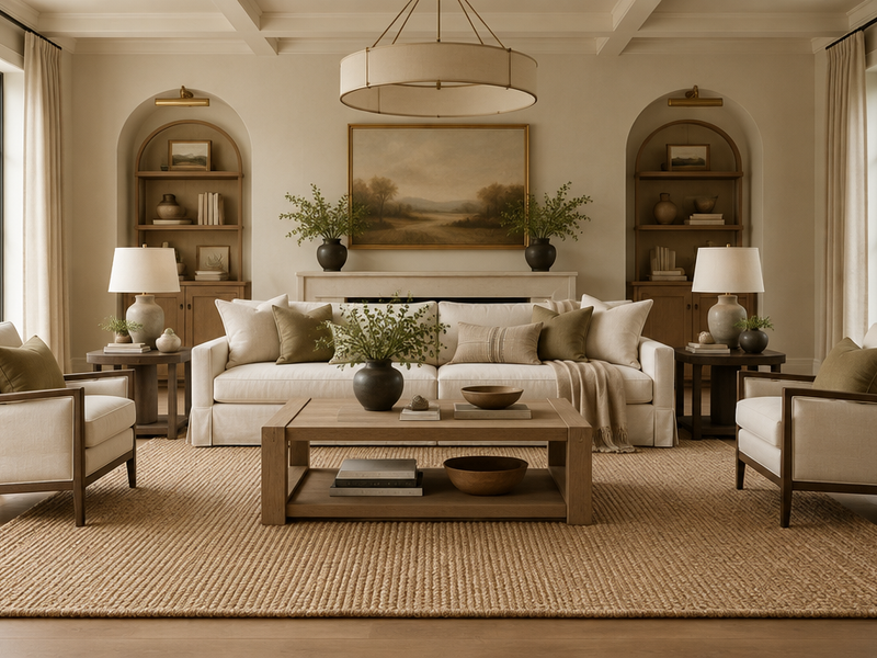 Natural sisal area rug in a warm neutral living room