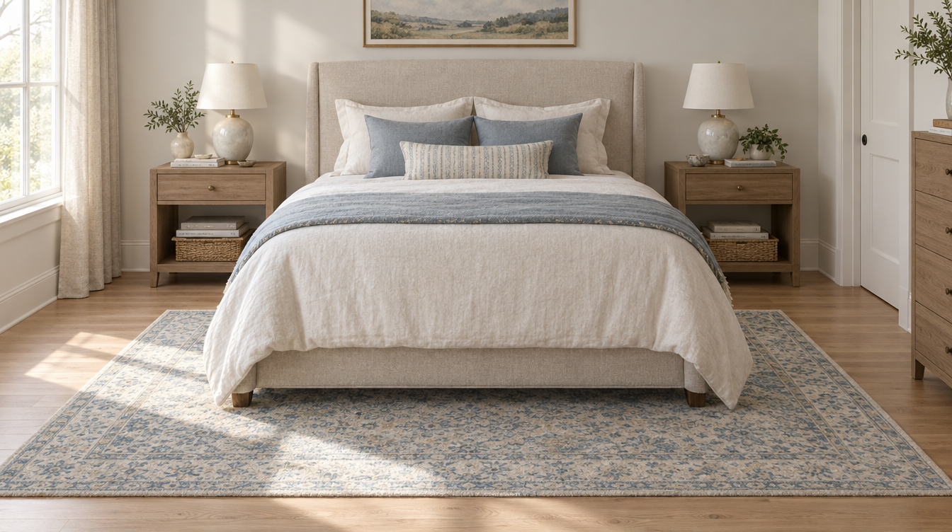Queen bed with an 8x10 ivory and blue wool rug placed horizontally under the lower two-thirds of the bed, stopping just in front of the nightstands
