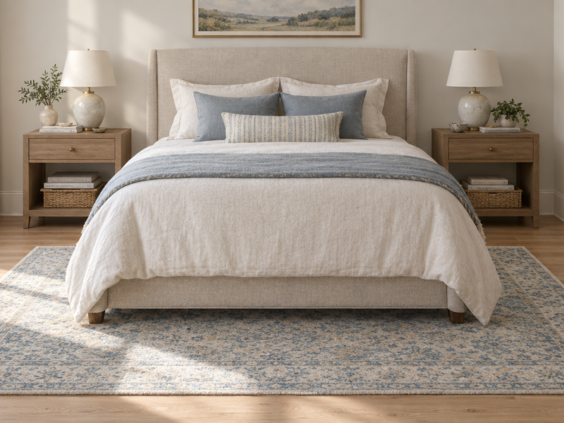 Queen bed with an 8x10 ivory and blue wool rug placed horizontally under the lower two-thirds of the bed, stopping just in front of the nightstands