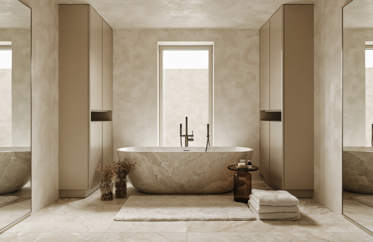 Machine washable bathroom rug beside a freestanding tub