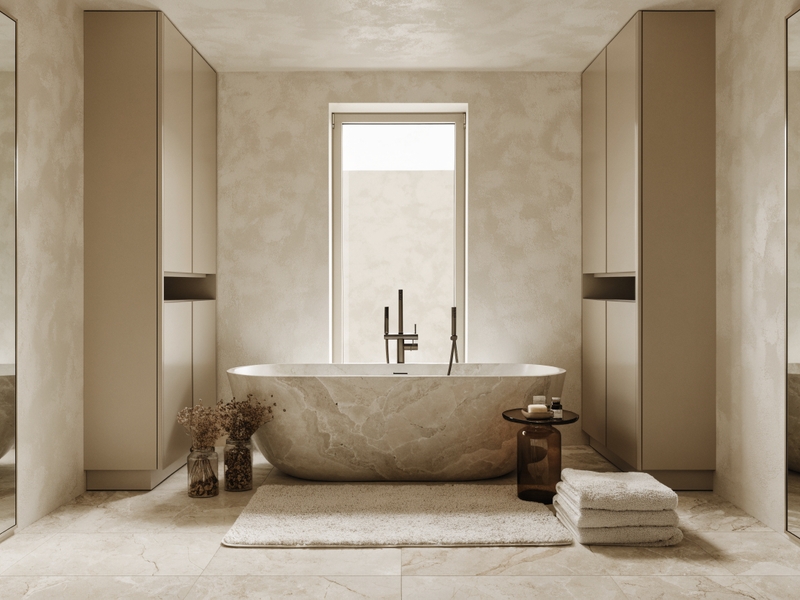 Machine washable bathroom rug beside a freestanding tub