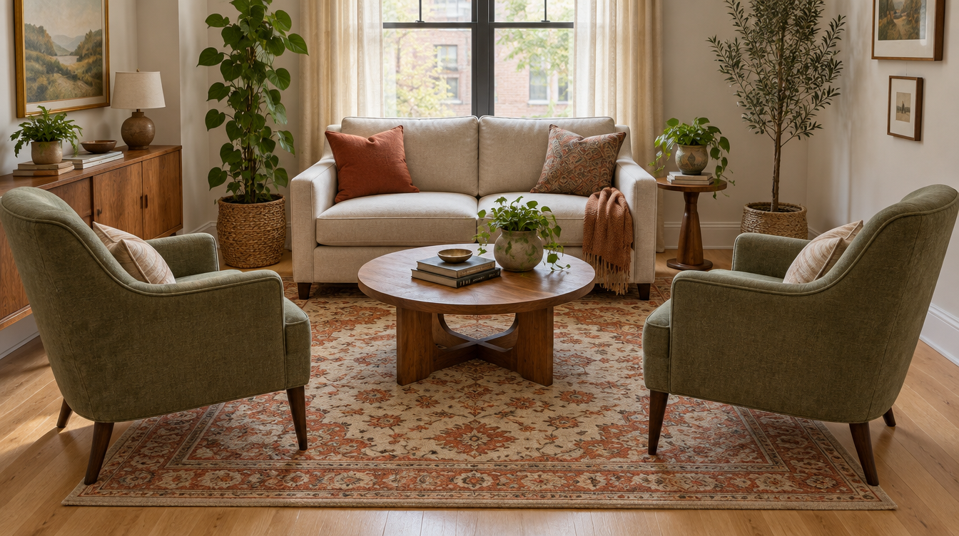 5x7 wool rug in a small 10x11 living room with a loveseat and two armchairs, front legs on the rug
