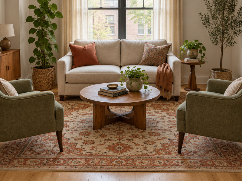 5x7 wool rug in a small 10x11 living room with a loveseat and two armchairs, front legs on the rug