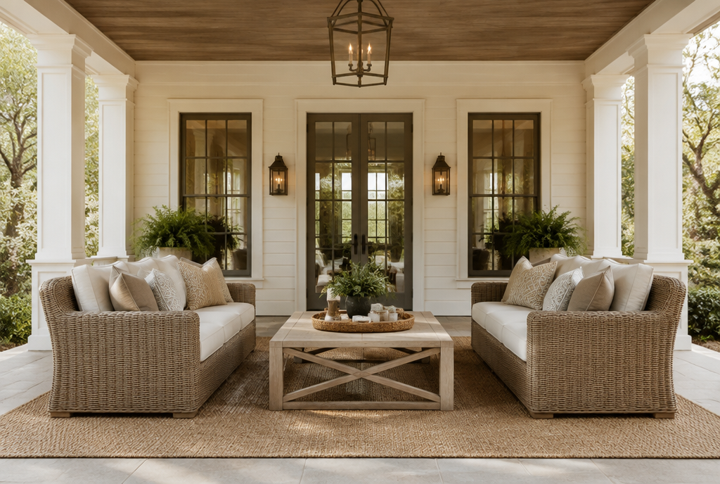 Jute rug on a covered porch under wicker furniture