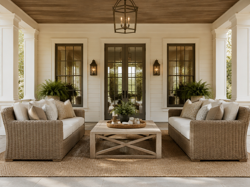 Jute rug on a covered porch under wicker furniture