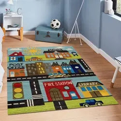 Colorful kids' playroom featuring a washable rug with fun animal designs and soft textures.