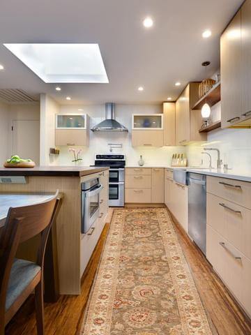 Washable kitchen rug placed in front of a sink and counter in a bright kitchen, offering comfort, style, and easy maintenance