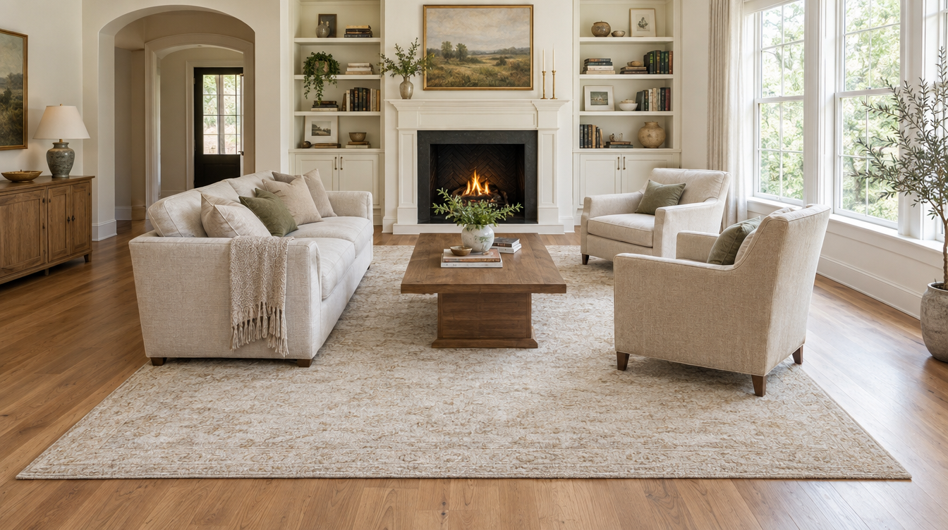 All-legs-on rug layout: sofa, two armchairs and coffee table fully on a large neutral 9x12 rug facing a fireplace