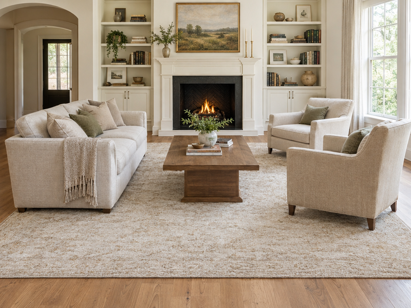 All-legs-on rug layout: sofa, two armchairs and coffee table fully on a large neutral 9x12 rug facing a fireplace