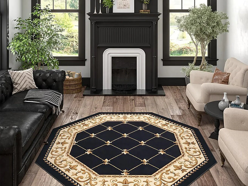 Octagon rug with ornate detailing placed under a chandelier in a classic entryway with wood flooring and neutral decor