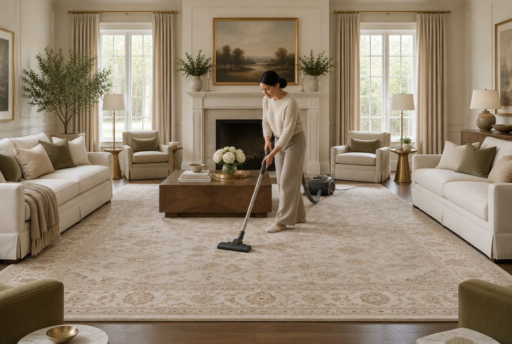 Vacuuming a large 9x12 area rug in a living room