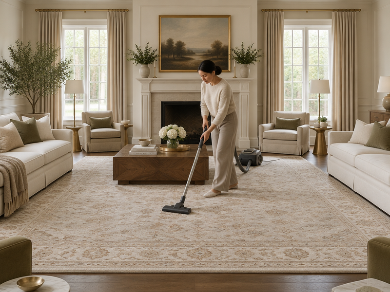 Vacuuming a large 9x12 area rug in a living room